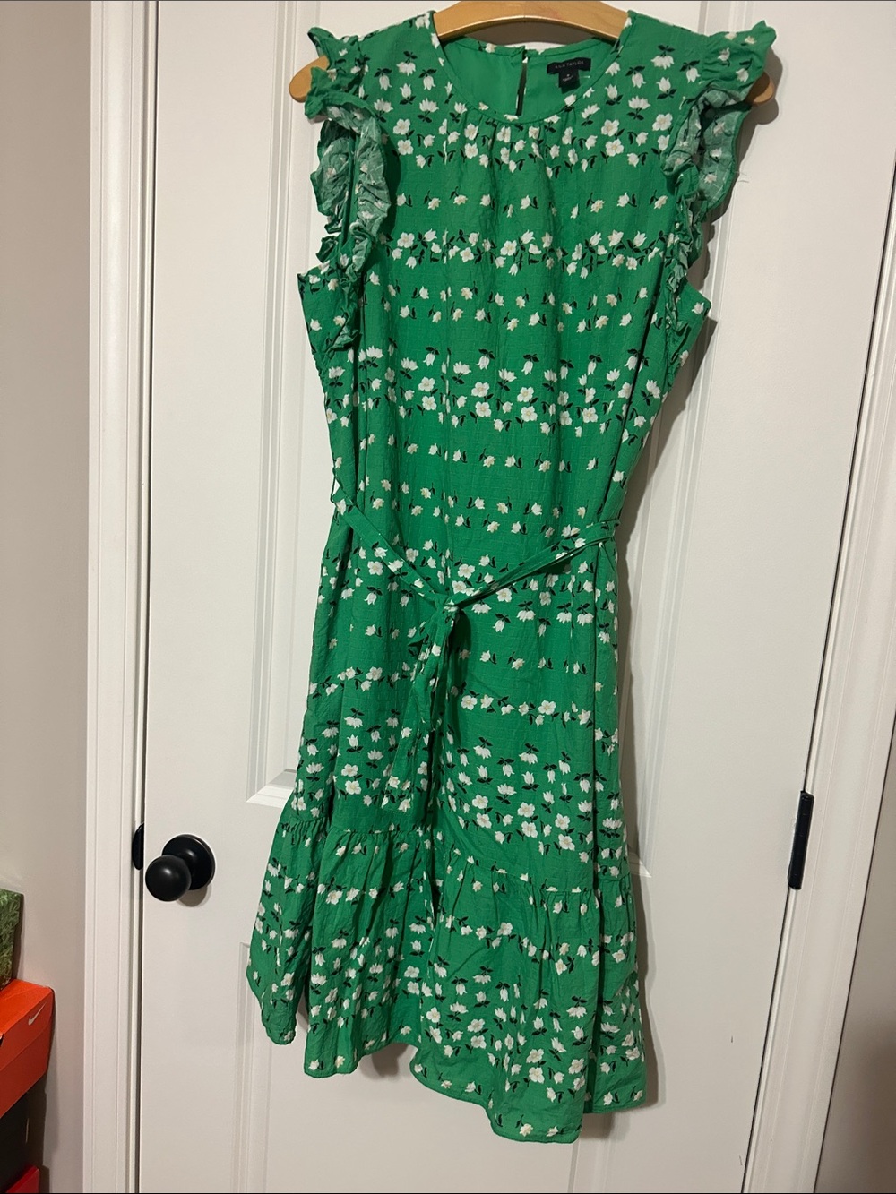 Ann Taylor Green Floral Midi Dress with White Blooms